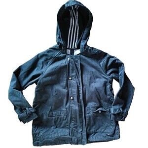 Pull & Bear Coat UK Medium US Size 8  Navy Blue Hooded Parka  Zip Button Front